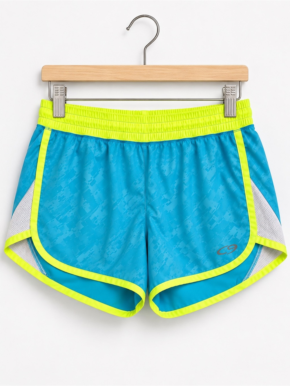 Champion C9 Womens Running Shorts Teal Blue Neon Yellow Geometric Mesh Small